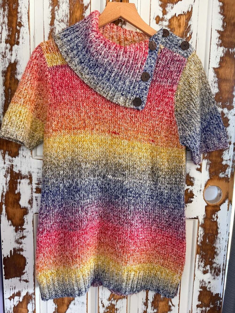 Women’s Rainbow Ombre Short Sleeve Button Cowl Neck Sweater Size M Wool Blend